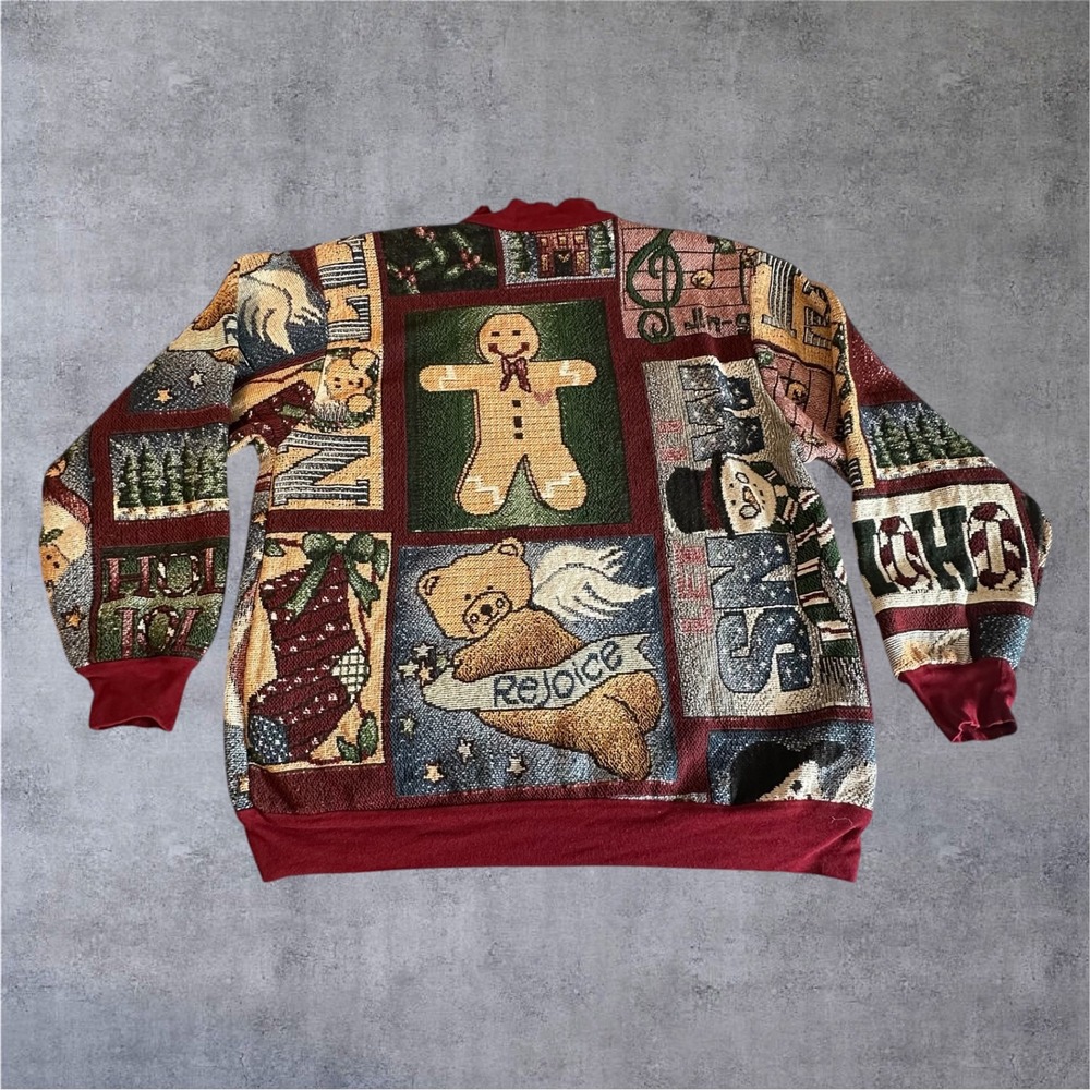 Vintage Sugar Street Weavers Tapestry Sweater OS Red Christmas Patchwork - Picture 10 of 11